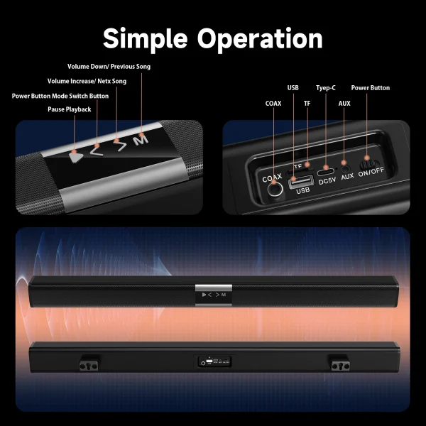 Tisco TV Sound Bars, Bluetooth 5.4 Speaker for TV, 2.0 Channels with Subwoofer, 3D Surround Sound System Home Theater, 3 EQ Mode - Image 6