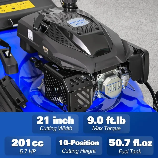 201cc Gas Lawn Mower 21" 3-in-1 – 4-Cycle Engine Bagging Mulching Side Discharge | Adjustable Height Push Mower - Image 4