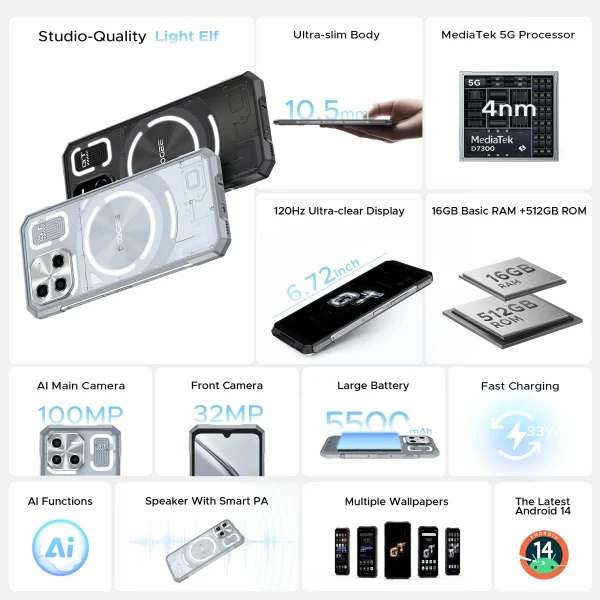 DOOGEE Blade GT Ultra 5G AI Rugged Gaming Phone 6.72 dimension 7300 Mobilephone 16GB + 512GB LED Light Effect AI Smartphones NFC - Image 2