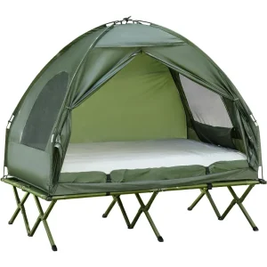 Outsunny 2 Person Foldable Camping Cot with Tent, Bedspread and Thick Air Mattress, 4-in-1 Elevated Camping Bed Tent