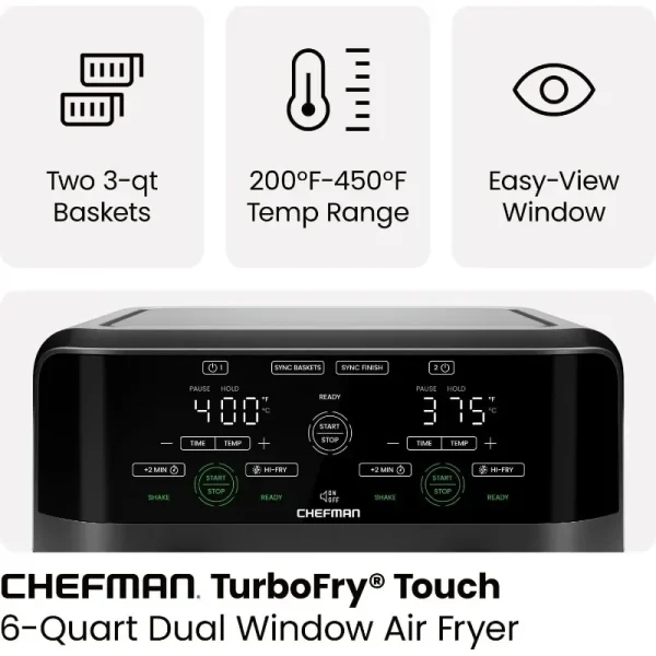 CHEFMAN 6 Quart Dual Basket Air Fryer Oven with Easy View Windows, Sync Finish, Hi-Fry, Auto Shutoff - Image 3