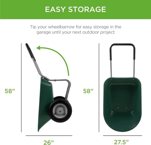 Dual-Wheel Home Utility Yard Wheelbarrow Garden Cart w/Built-in Stand for Lawn, Gardening, Construction - Green - Image 5
