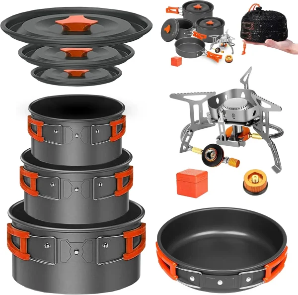 Camping Cookware Mess Kit Set with Stove - Backpacking Camping Pots and Pans Set All in One Non-Stick Camping Cooking Set Portab - Image 7