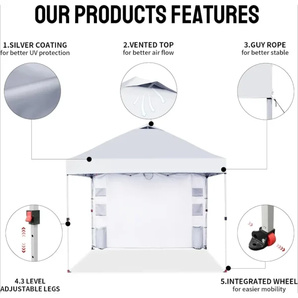 10x10 Canopy Tent Pop Up Canopy Outdoor Shade with Pockets Sidewall,with One Person Set Up Center Lock,Canopy Tent - Image 4