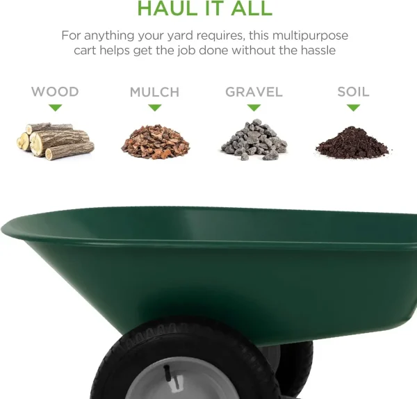 Dual-Wheel Home Utility Yard Wheelbarrow Garden Cart w/Built-in Stand for Lawn, Gardening, Construction - Green - Image 2
