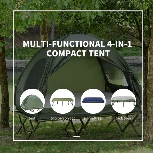 Outsunny 2 Person Foldable Camping Cot with Tent, Bedspread and Thick Air Mattress, 4-in-1 Elevated Camping Bed Tent - Image 3