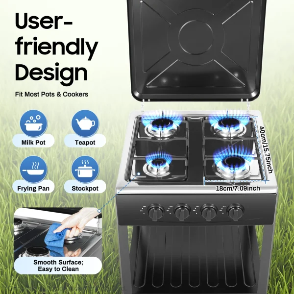 4 Burner Gas Stove Portable Outdoor Stove w/ Wind Blocking Cover , LPG Gas Stove with 2 Storage Shelves for RV, Outdoor Cooking - Image 4