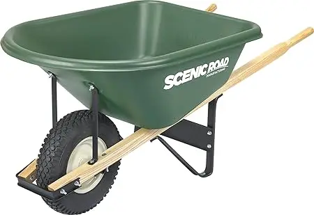 Scenic Lane Single-Wheel 6 Cu Ft Wheelbarrow with 16" 4-Ply Knobby Tire, High Density Polyethylene Tray, Steel Frame, for Garden - Image 7