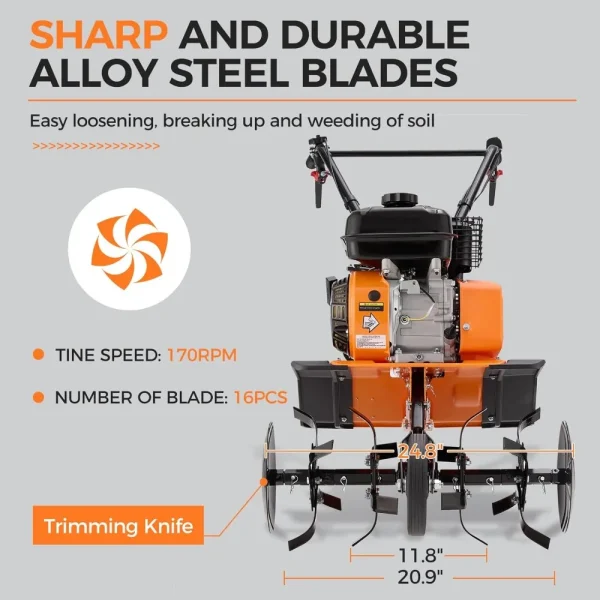 7HP 212CC 4-Stroke Gas Tiller Cultivator, Forward and Reverse Double-Clutch Rototiller, Gear Drive System Efficiently Transmits - Image 3