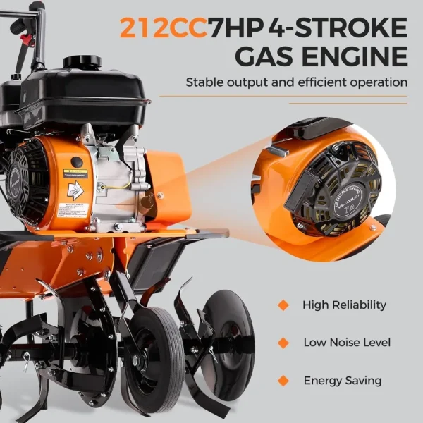 7HP 212CC 4-Stroke Gas Tiller Cultivator, Forward and Reverse Double-Clutch Rototiller, Gear Drive System Efficiently Transmits - Image 2