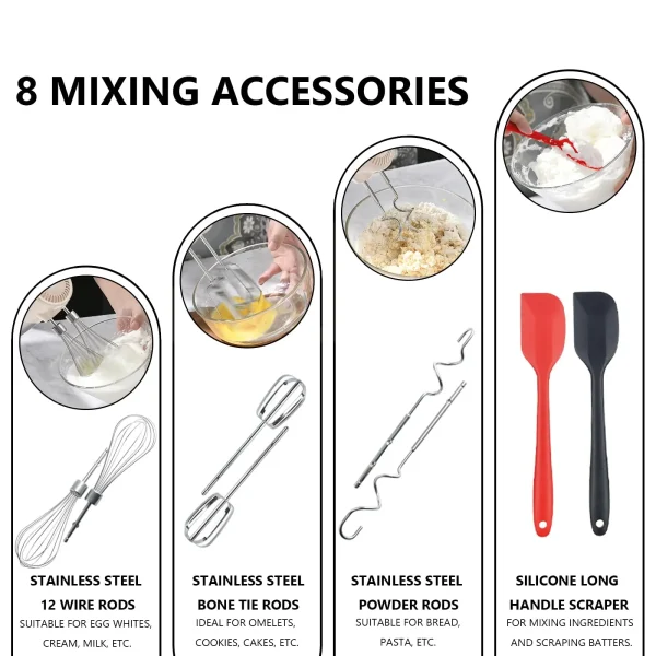 400W Electric Hand Mixer With 9 Speeds & Turbo Boost, 6 Stainl Steel Attachments For Baking, Whipping, Dough Kneading - Image 6