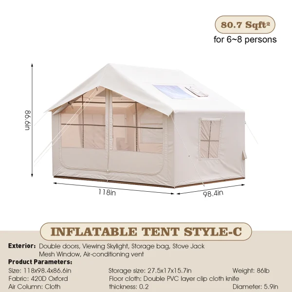 80.7 Square Feet Inflatable Tent with Air Conditioning Vent,4 Season Glamping Blow up Tent for Camping,Waterproof Oxford Fabric - Image 6