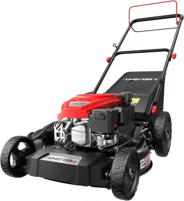 21" Gas Push Lawn Mower, Rugged Steel Deck, 3-in-1 Versatile Mower, 144cc OHV Engine, 6-Level Height Adjustment, Large Grass Col