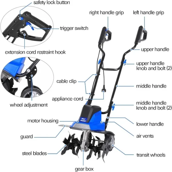 BILT HARD Tiller Cultivator 16 inch, 13.5 Amp 6 Steel Tines Tillers for Gardening Foldable, Electric Garden Rototiller - Image 6