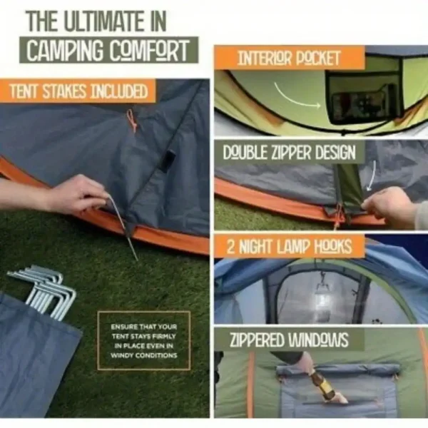 Camping Tent - 4-Person Easy Pop Up Tent with 2 Doors - UPF50+ Waterproof - Image 4