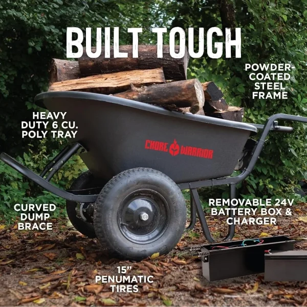 Electric Powered Wheelbarrow 24V Battery Operated 350lbs Capacity Heavy Duty Poly Tray 15 Inch Tires Durable Steel Frame - Image 5