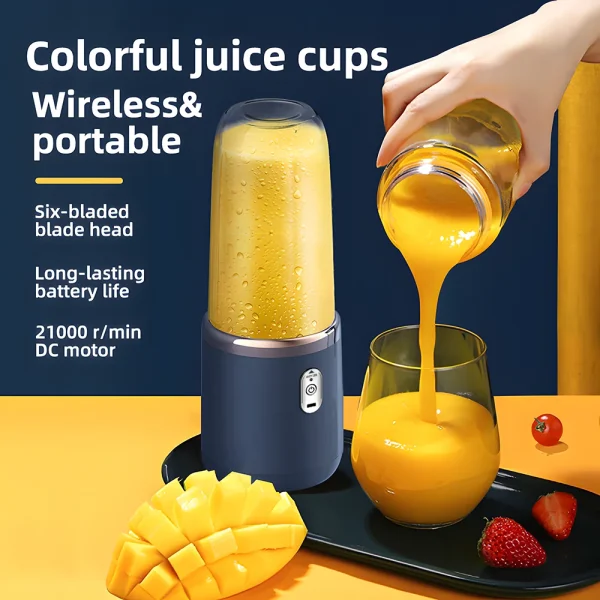 C003-Blue 2-in-1 Outdoor Portable Blender and Juicer - USB Charging, Includes 6 Blades and Double Cups, Suitable for Smoothies, - Image 6
