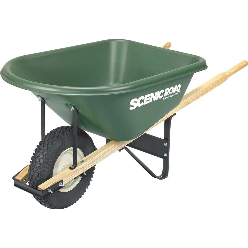 Scenic Lane Single-Wheel 6 Cu Ft Wheelbarrow with 16" 4-Ply Knobby Tire, High Density Polyethylene Tray, Steel Frame, for Garden
