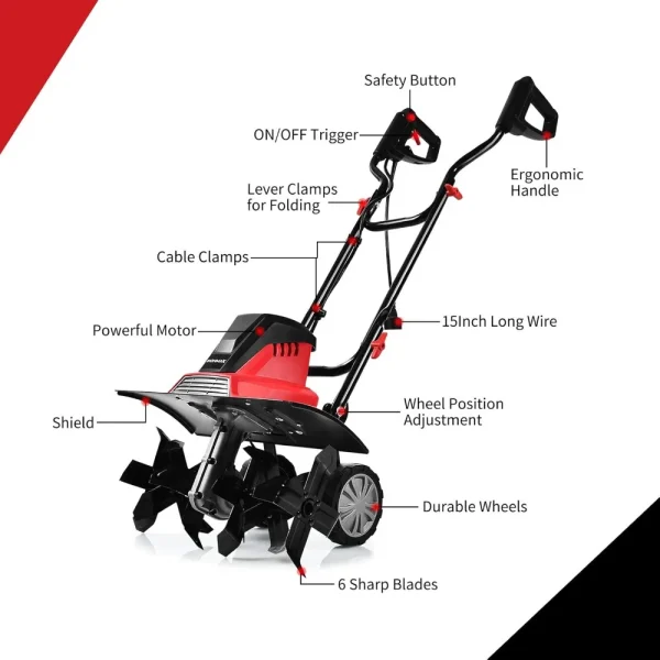 13.5 Amp Electric Tiller, Corded Rototiller Tool w/ Foldable Handle & 6 Tines, 17.7-Inch Tilling Width, Lightweight Garden - Image 3