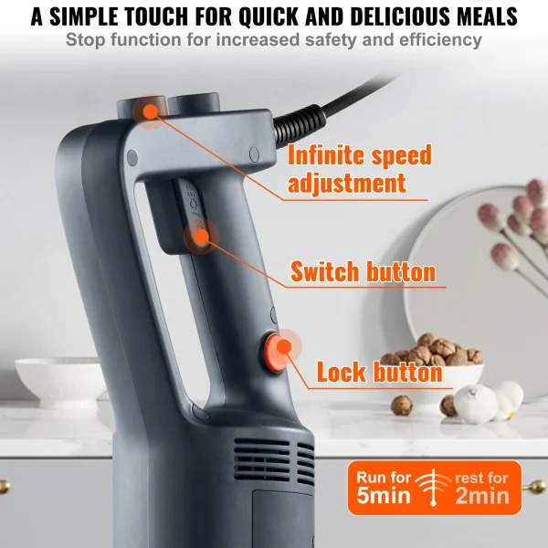 VEVOR Commercial Immersion Blender 500 Watt Heavy Duty Hand Mixer Variable Speed Kitchen Stick Mixer with 304 Stainless Steel - Image 4