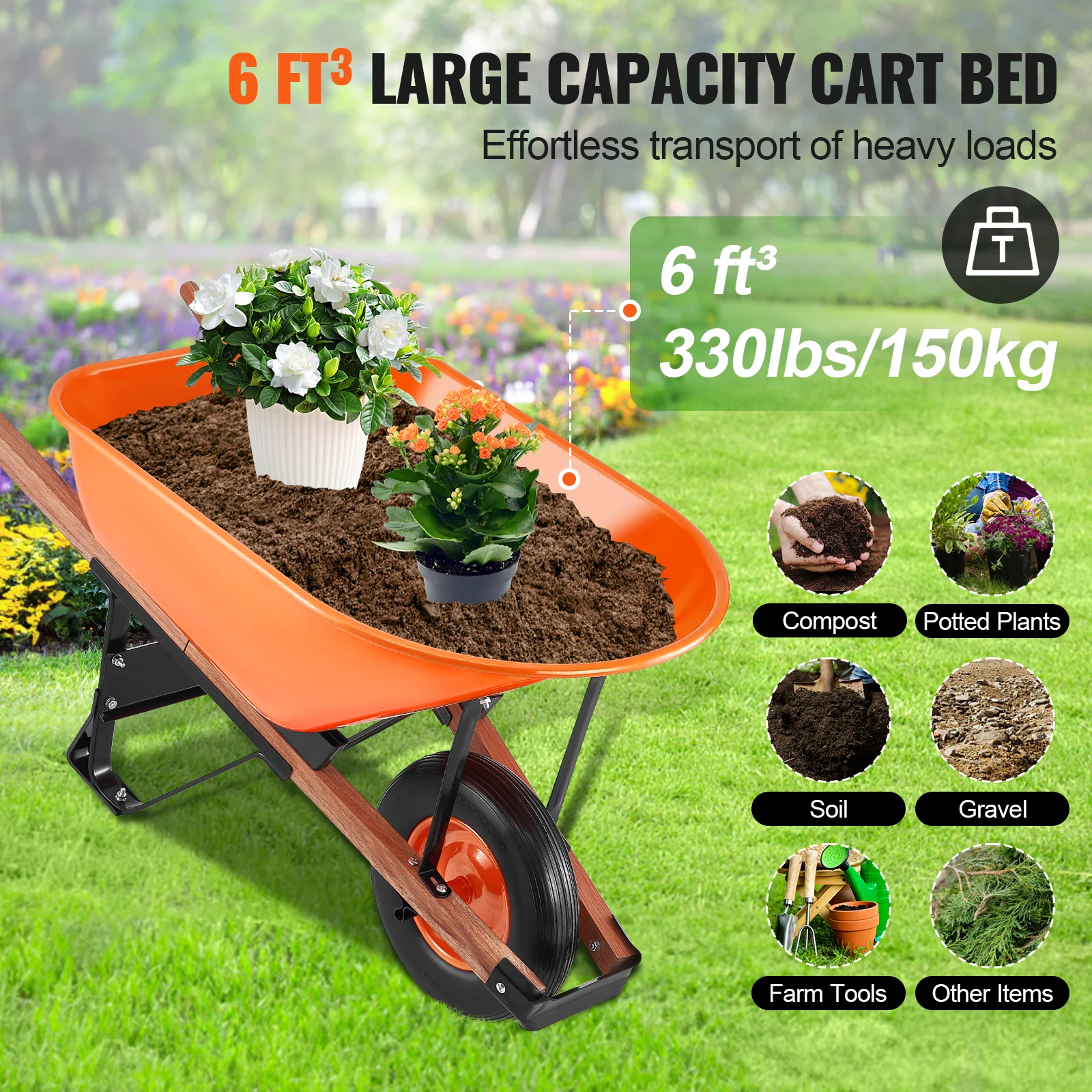 VEVOR Wheelbarrow Cart 330 lbs Capacity One Wheel Garden Dump Cart Wheel Barrow with Handle & 16" Wide Track Wheels for Farm - Image 4