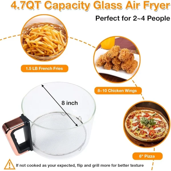 360° Viewable Glass Air Fryer 4.7Qt 1200W Digital Display 6-in-1 Cooking Functions Adjustable Temp Dishwasher Safe Perfect Meals - Image 5