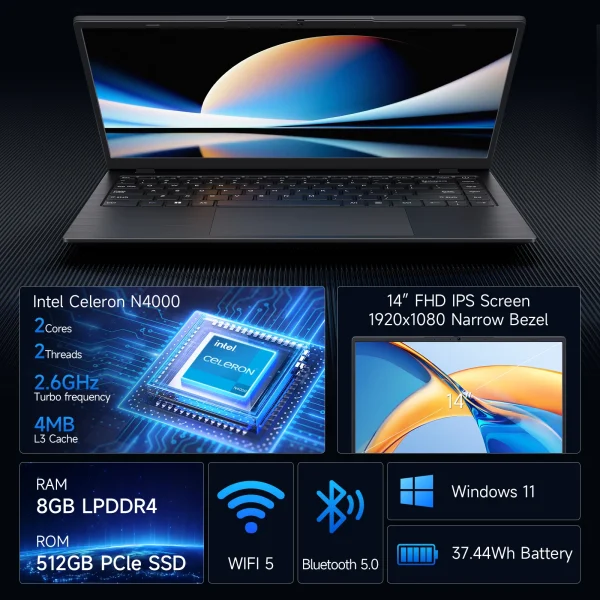 14 Inch Windows 11 Laptops New N4000 2.6Ghz 8GB RAM 512GB ROM Notbook Pc Computer Laptop - Image 2