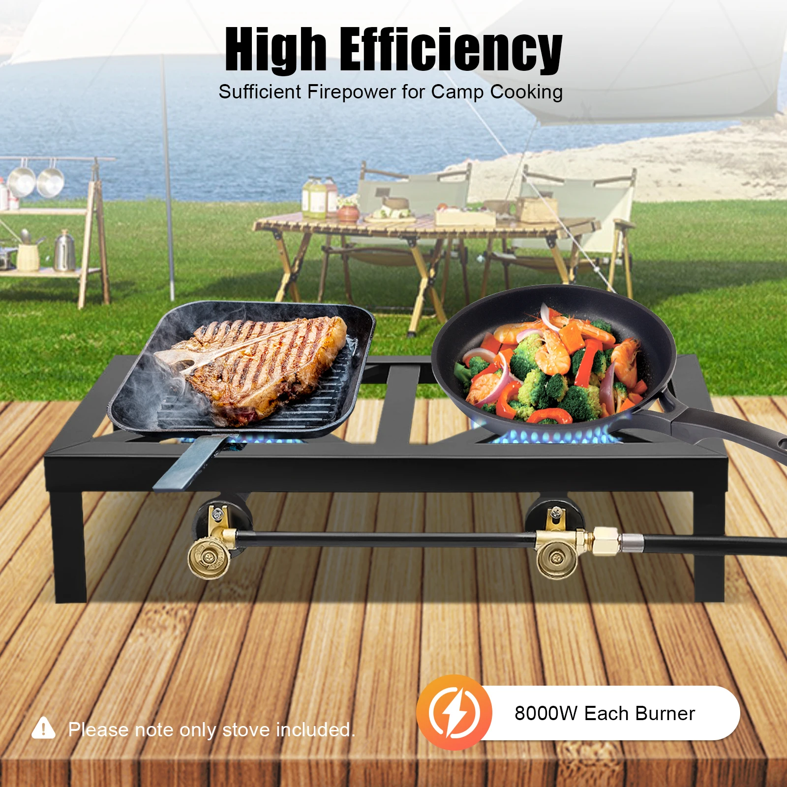 8000 W Camping Double Burner Stove, Portable Outdoor Gas Stove Propane Cooker with Regulator Hose (0-10PSI), for Camping, BBQ - Image 2