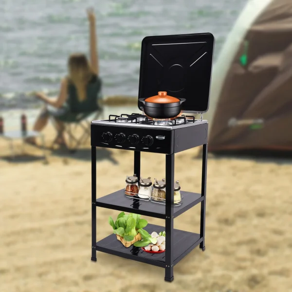 4 Burner Gas Stove Portable Outdoor Stove w/ Wind Blocking Cover , LPG Gas Stove with 2 Storage Shelves for RV, Outdoor Cooking - Image 2