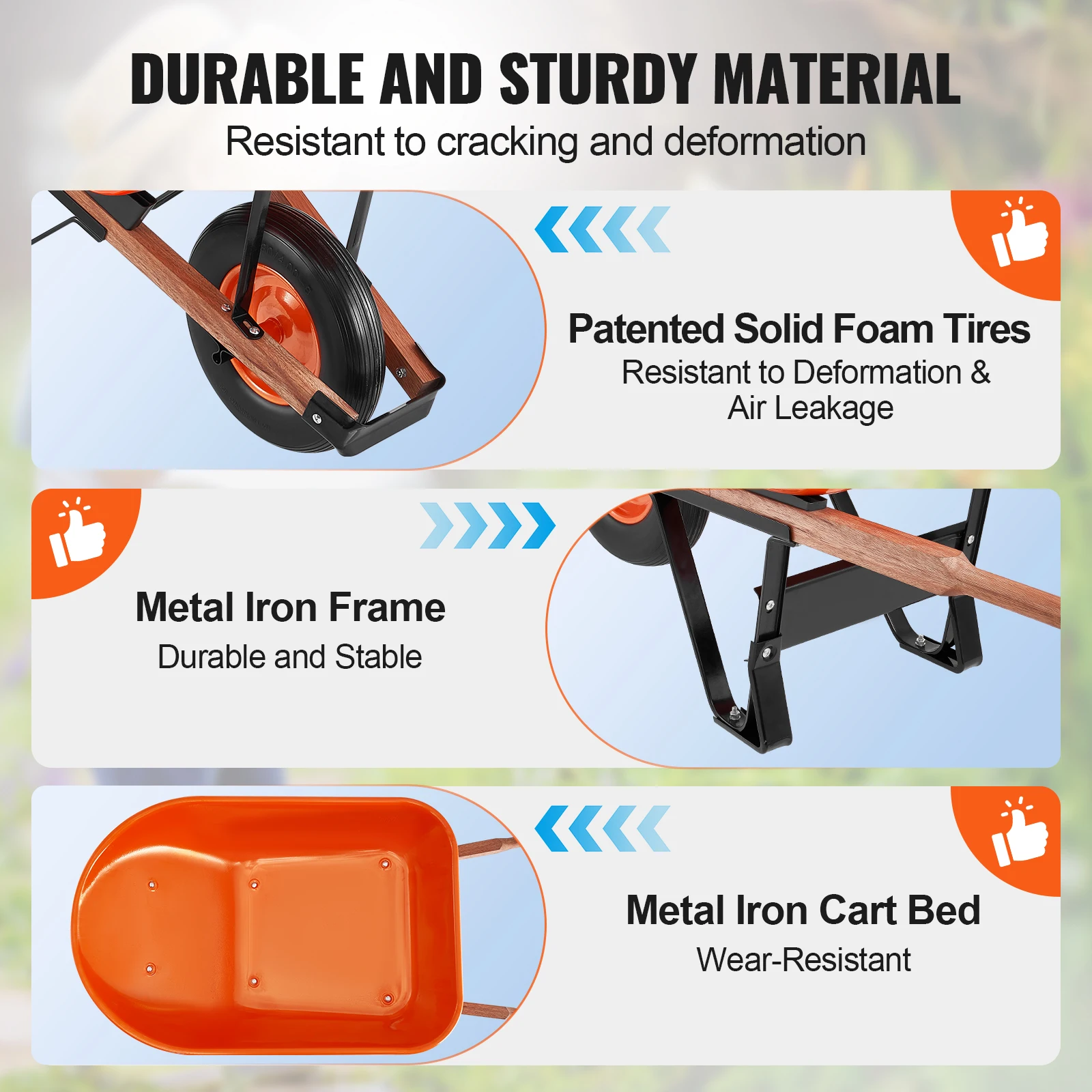 VEVOR Wheelbarrow Cart 330 lbs Capacity One Wheel Garden Dump Cart Wheel Barrow with Handle & 16" Wide Track Wheels for Farm - Image 3