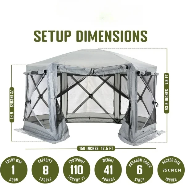 Pop Up Screen Tent, Outdoor Camping Gazebo Canopy, Pavilion, 12.5', Gray - Heavy-Duty Portable Screened Shelter with Netting - Image 4