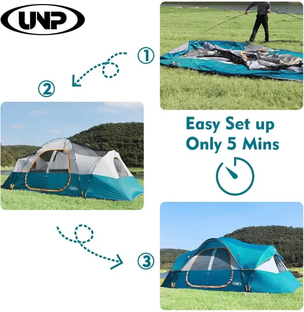 UNP Camping Tent 10-Person-Family Tents, Parties, Music Festival Tent, Big, Easy Up, 5 Large Mesh Windows, Double Layer, 2 Room, - Image 3