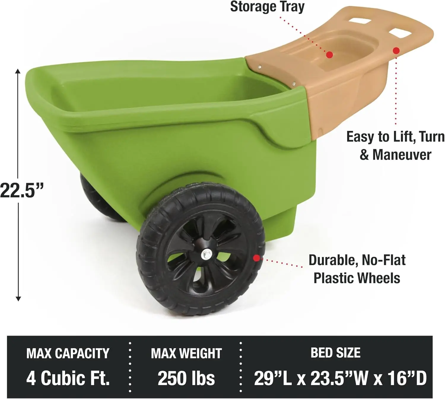Wheelbarrow with Garden Tool Storage Tray, Durable Heavy-Duty Plastic Wheelbarrow with Large Easy Turn Wheels - Image 2