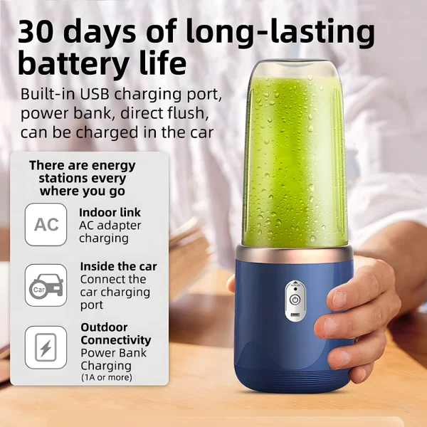 C003-Blue 2-in-1 Outdoor Portable Blender and Juicer - USB Charging, Includes 6 Blades and Double Cups, Suitable for Smoothies, - Image 4