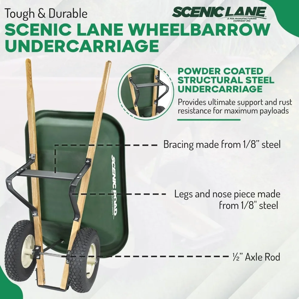 Scenic Lane Single-Wheel 6 Cu Ft Wheelbarrow with 16" 4-Ply Knobby Tire, High Density Polyethylene Tray, Steel Frame, for Garden - Image 5