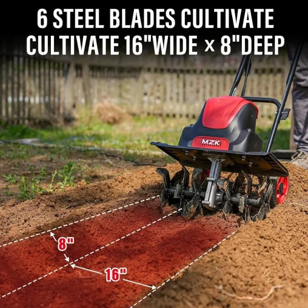 MZK 16-Inch 13.5-Amp Corded Electric Tiller/Cultivator,8-inch tillling Depth with Adjustable Wheels,Foldable Electric Rototiller - Image 4