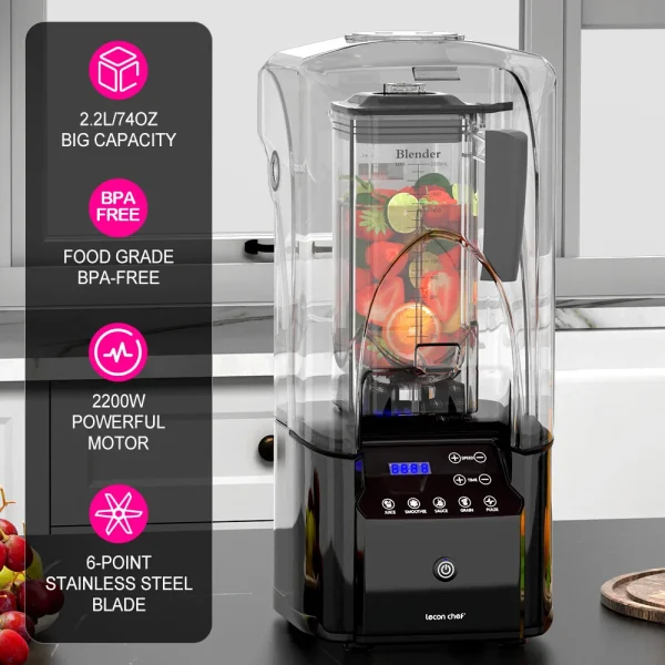 Commercial Quiet Shield Blender 2200W Professional Blenders 2.2L/ 74oz BPA-Free Pitcher for Ice Crushing, Shakes and Smoothies - Image 2