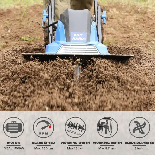 BILT HARD Tiller Cultivator 16 inch, 13.5 Amp 6 Steel Tines Tillers for Gardening Foldable, Electric Garden Rototiller - Image 2