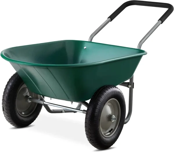 Dual-Wheel Home Utility Yard Wheelbarrow Garden Cart w/Built-in Stand for Lawn, Gardening, Construction - Green - Image 3