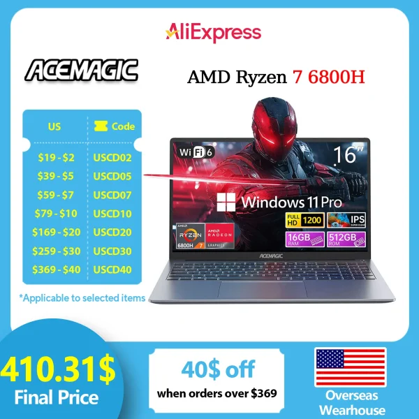 ACEMAGIC RX16 AMD Ryzen 7 6800H 16.1" Ultra Slim 4400MAH Laptop 16GB LPDDR5 Ram 512GB Rom Windows 11Pro BT5.2 Wifi 6 Notebook - Image 2