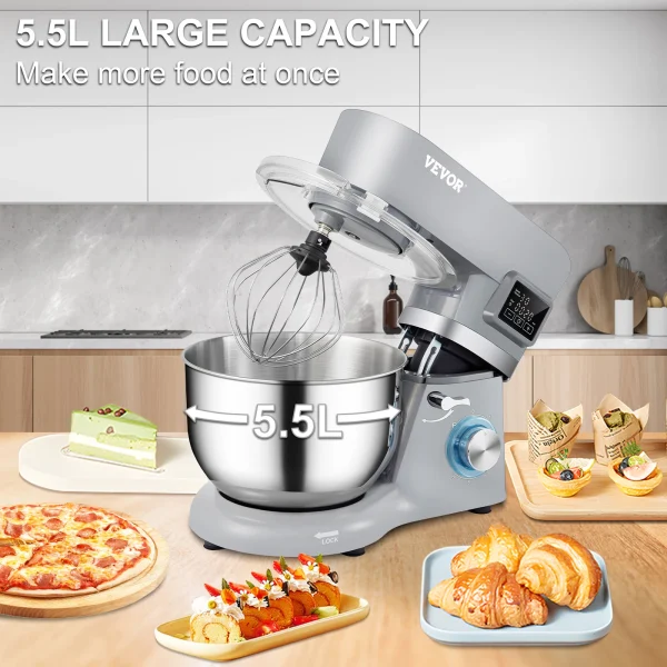 VEVOR Stand Mixer 660W Electric Dough Mixer with 6 Speeds LCD Screen Timing 5.8 Qt Stainless Steel Bowl Dough Hook Flat Beater - Image 6