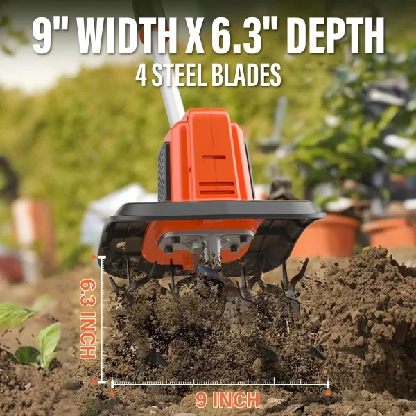 20V Cordless Tiller Cultivator, 9-Inch Electric Garden Tiller with 48 Steel Tines, 360RPM Battery Powered Rototiller for Gardeni - Image 3