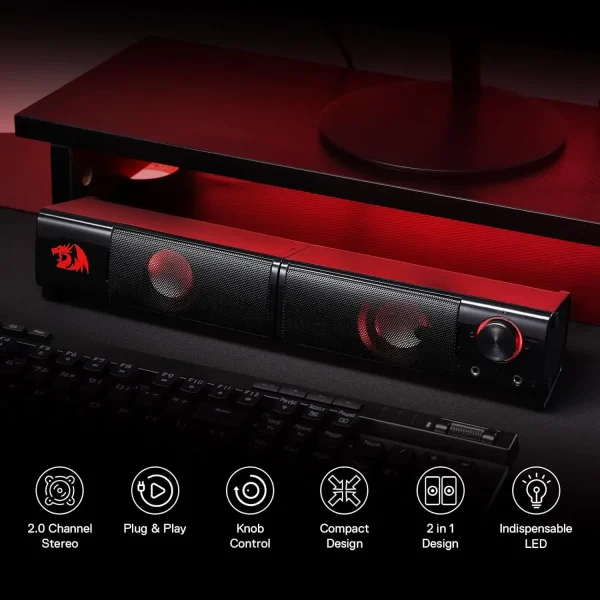 Redragon GS550 PC Gaming Speakers 2.0 Channel Desktop Computer Sound Bar  Quality Bass & Decent Red Backlit - Image 5