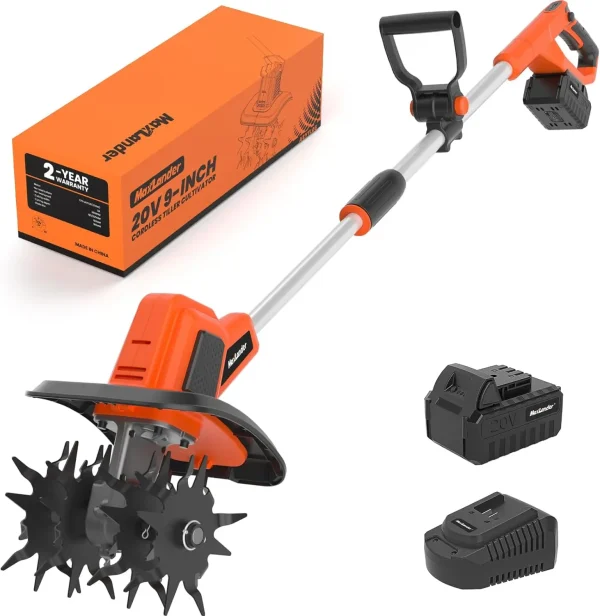 20V Cordless Tiller Cultivator, 9-Inch Electric Garden Tiller with 48 Steel Tines, 360RPM Battery Powered Rototiller for Gardeni